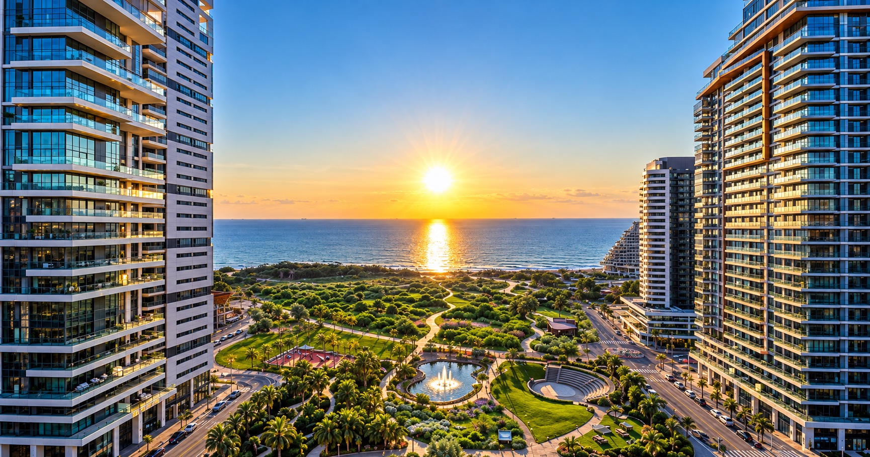 Seafront residential towers at sunset — Blacker Real Estate