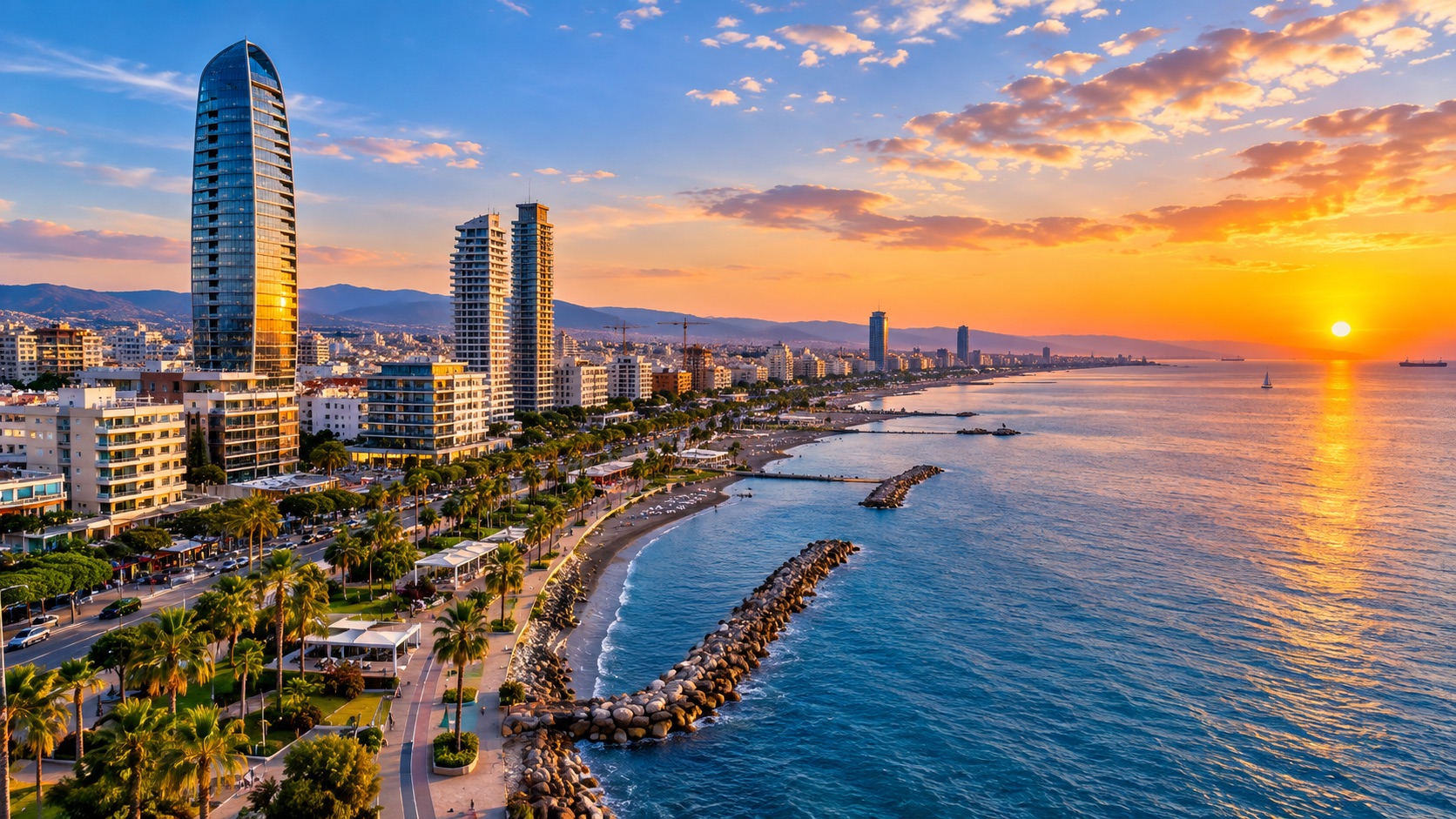 Limassol seafront promenade at sunset, Cyprus